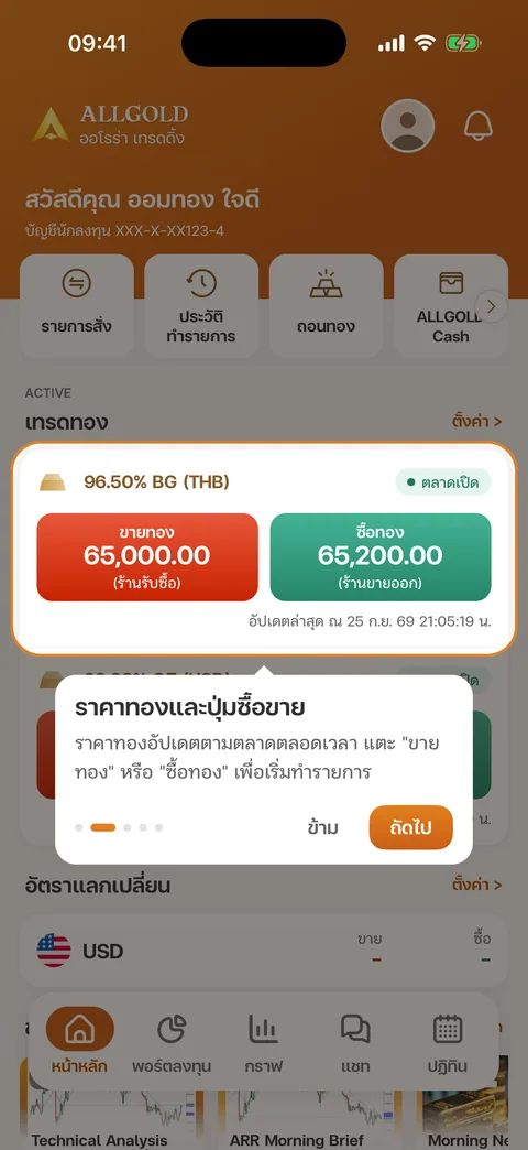 ทัวร์จุดที่ 2 ราคาทองและปุ่มซื้อขาย
